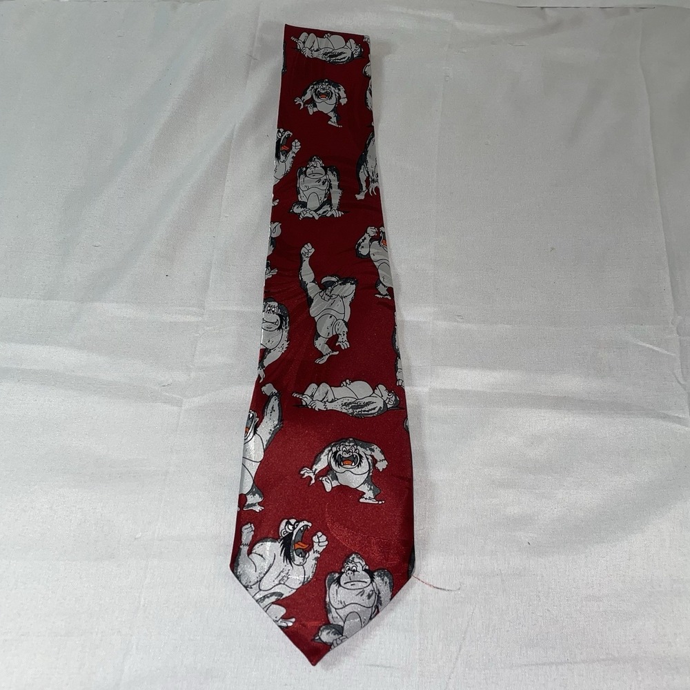 Mens Vintage Gorilla Primate Graphic Print Necktie Red Novelty Animal Tie